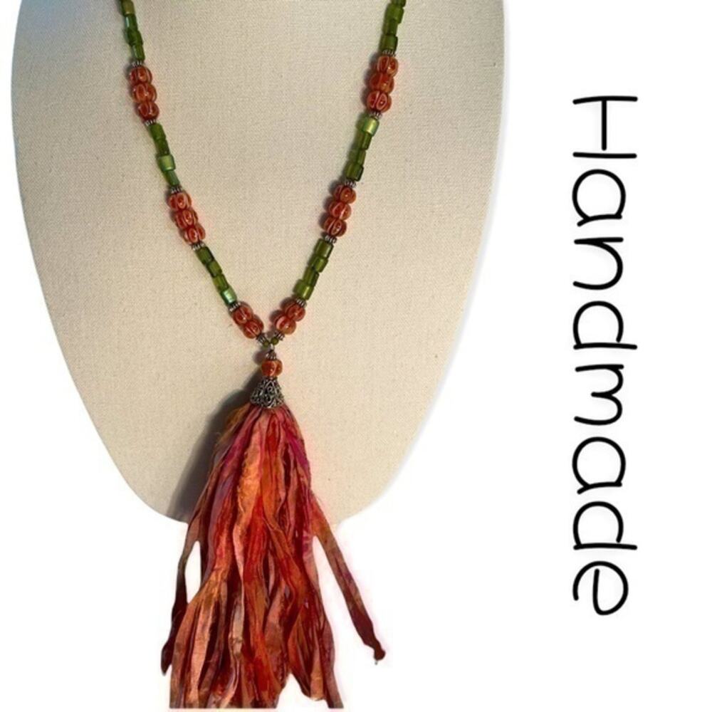 Hand Crafted Orange Green Bohemian Beaded W Indian Silk Tassel Necklace NWT
